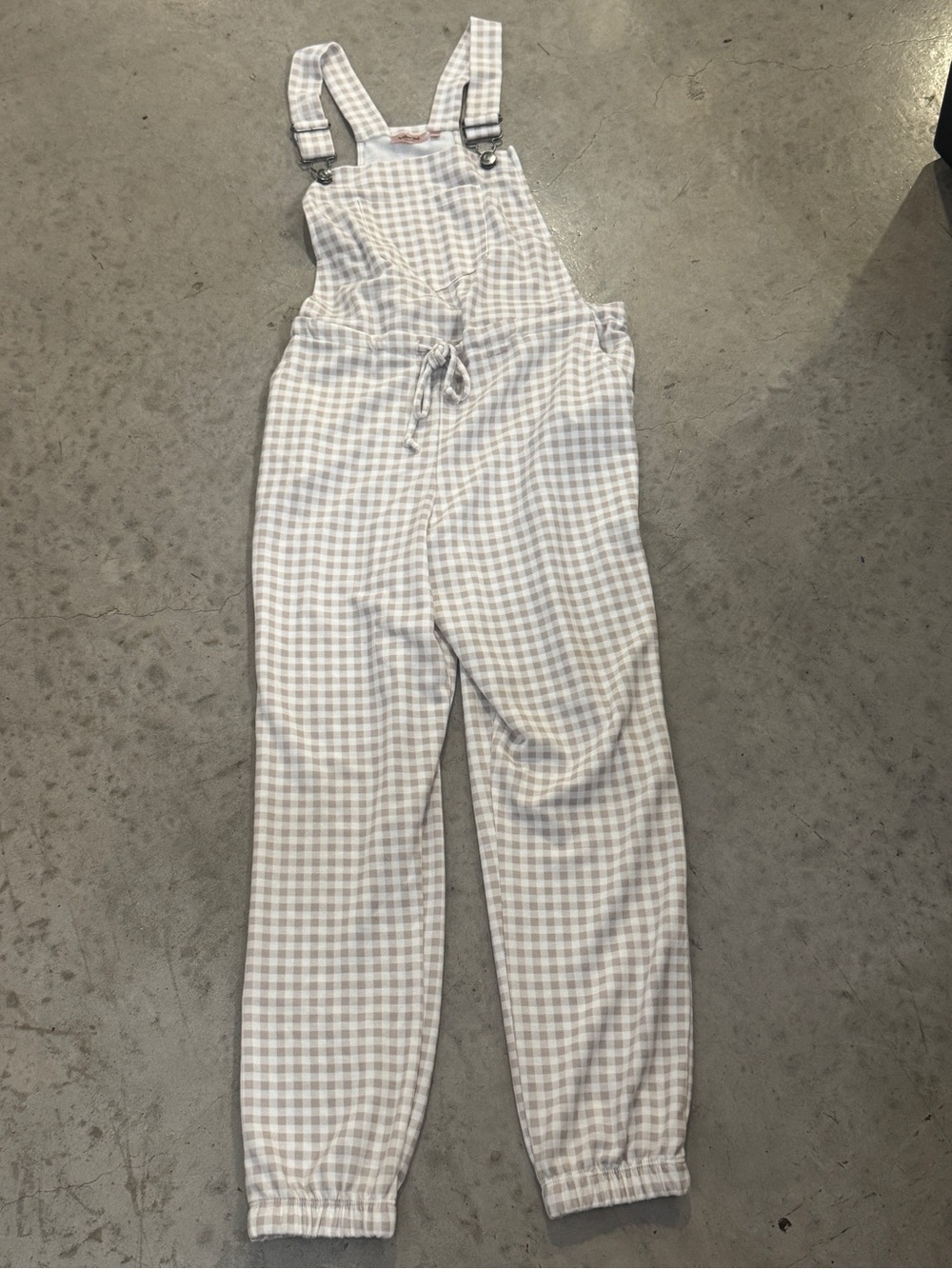 Gingham Tie-Waist Overalls in Light Gray and White